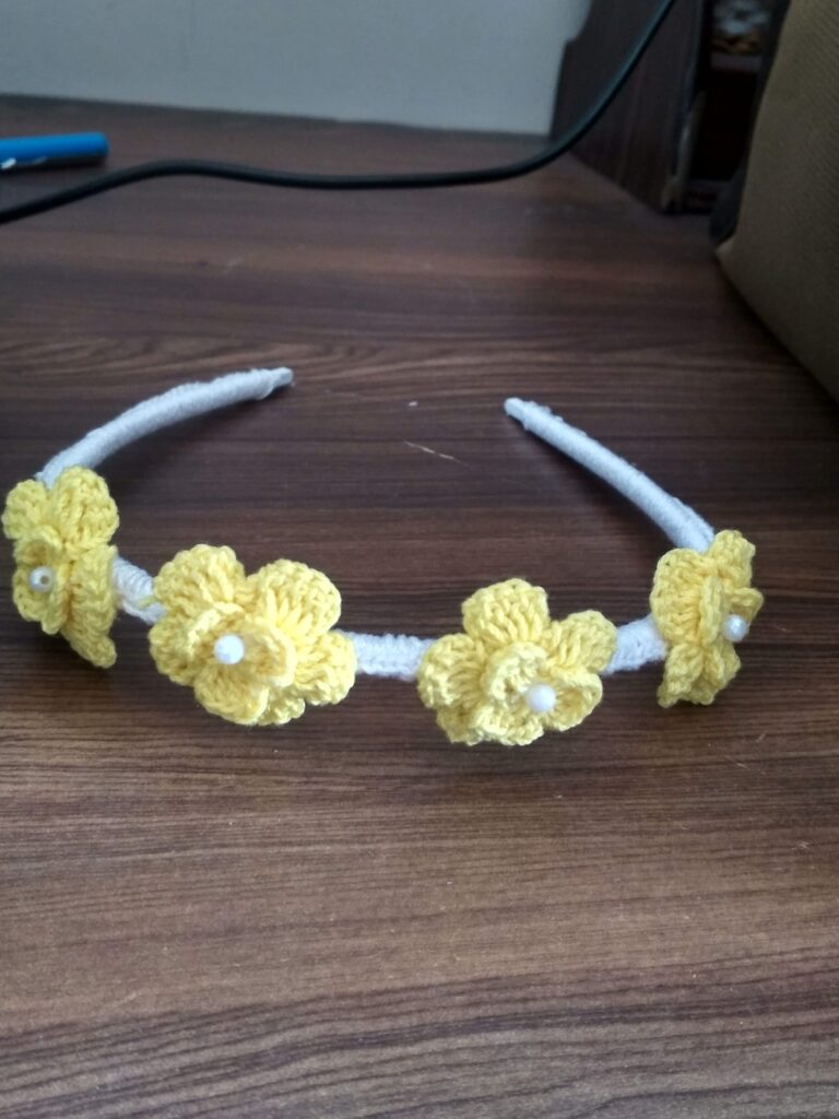 Trendy headband from my collection of women stylish women accessories with cute yellow 3-d flowers and white pearl to enhance its beauty